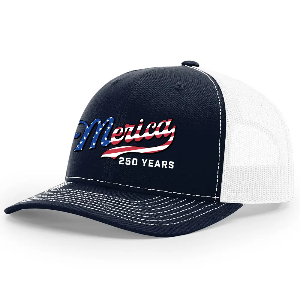 TRENZ SHIRT COMPANY Men's 250th American Anniversary Trucker Hat Patriotic USA Flag 'Merica Beer Logo Embroidered Mesh Back One Size Fits Most