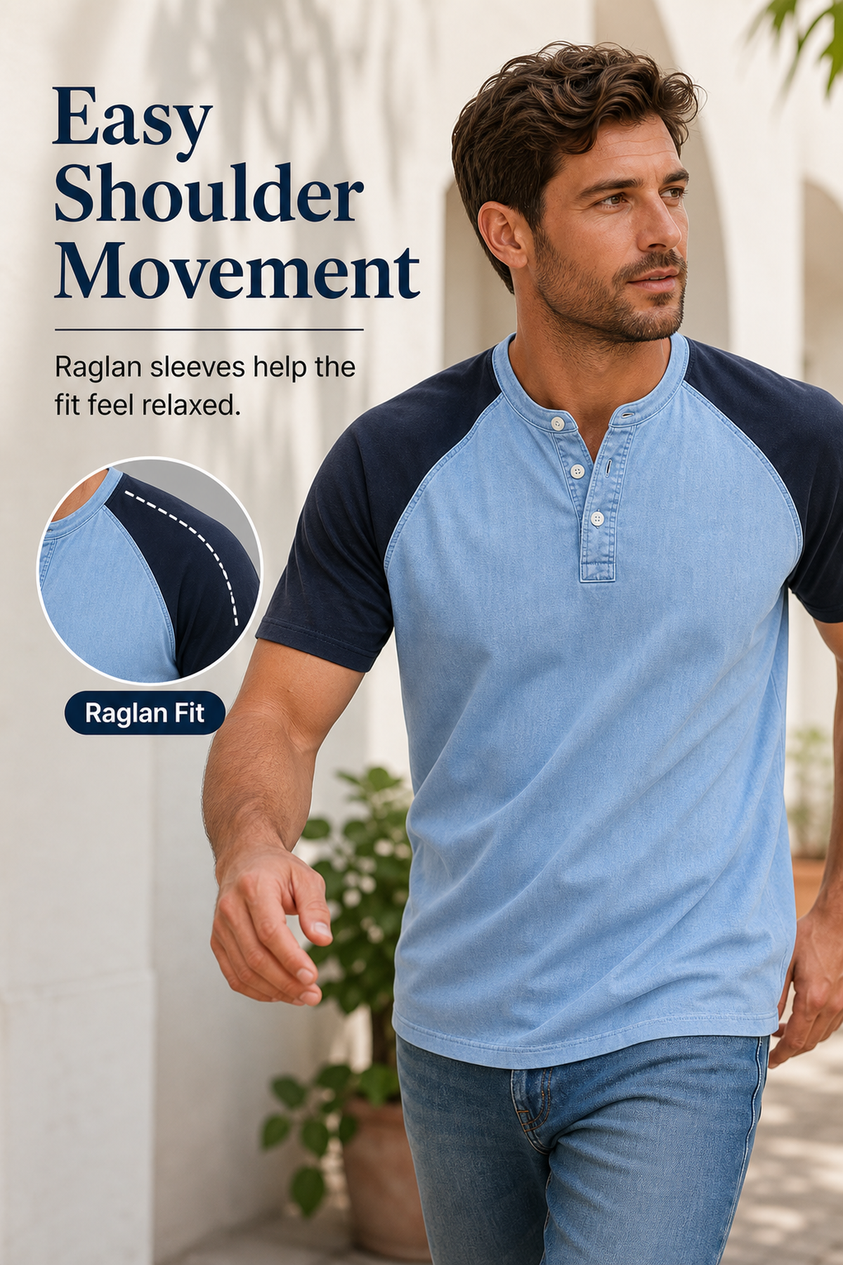 Men's Color Block Raglan Sleeve Washed Henley Tee Fit generated advertorial image
