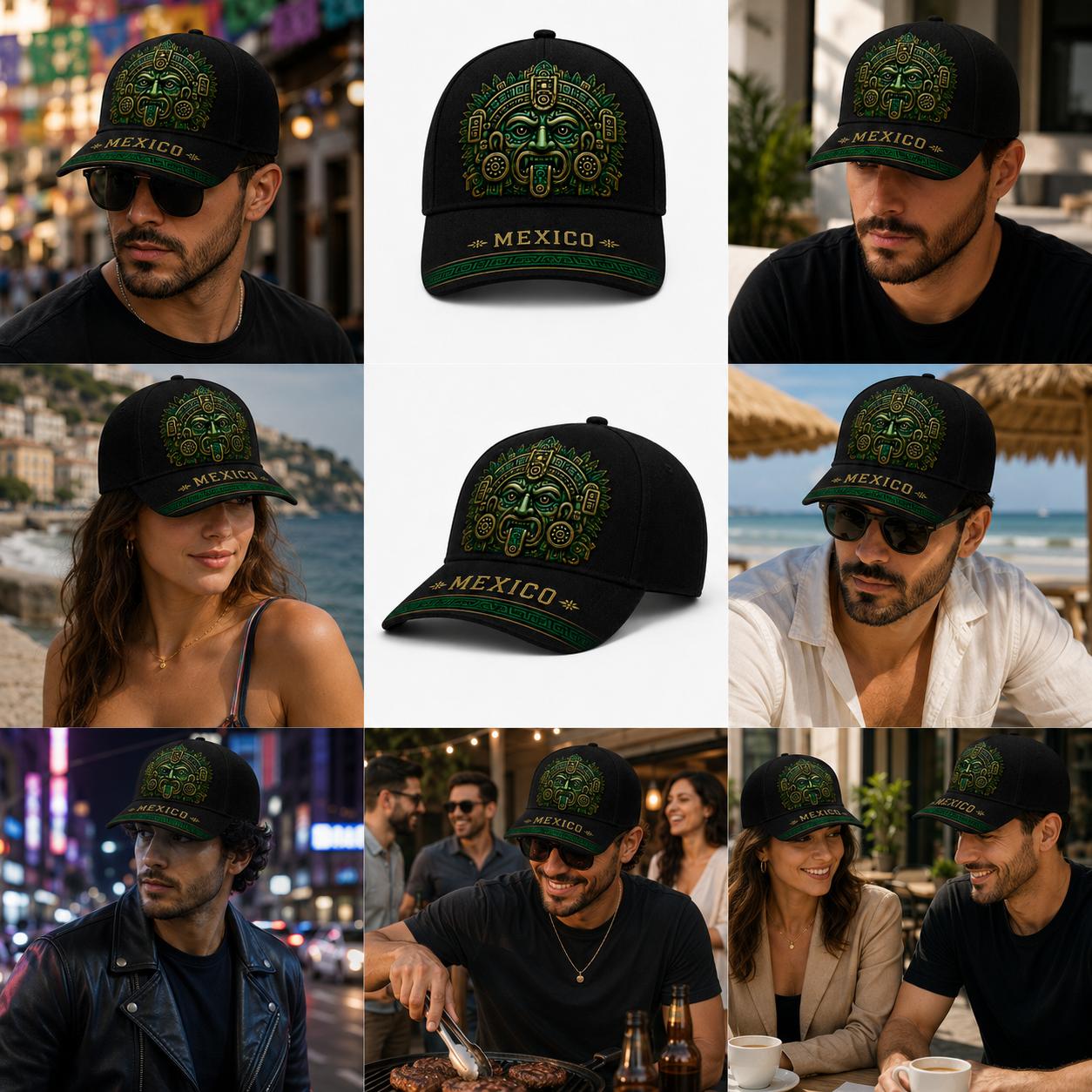 Mexico Baseball Cap - Mens Hats, Unisex Black/Green Aztec Mask Graphic Hat with Mexican Flag Embroidered Patch, Adjustable Snapback, Casual Outfits Cap, Mexico Pride Outdoor Sun Accessory for Soccer Fans, Sports Streetwear