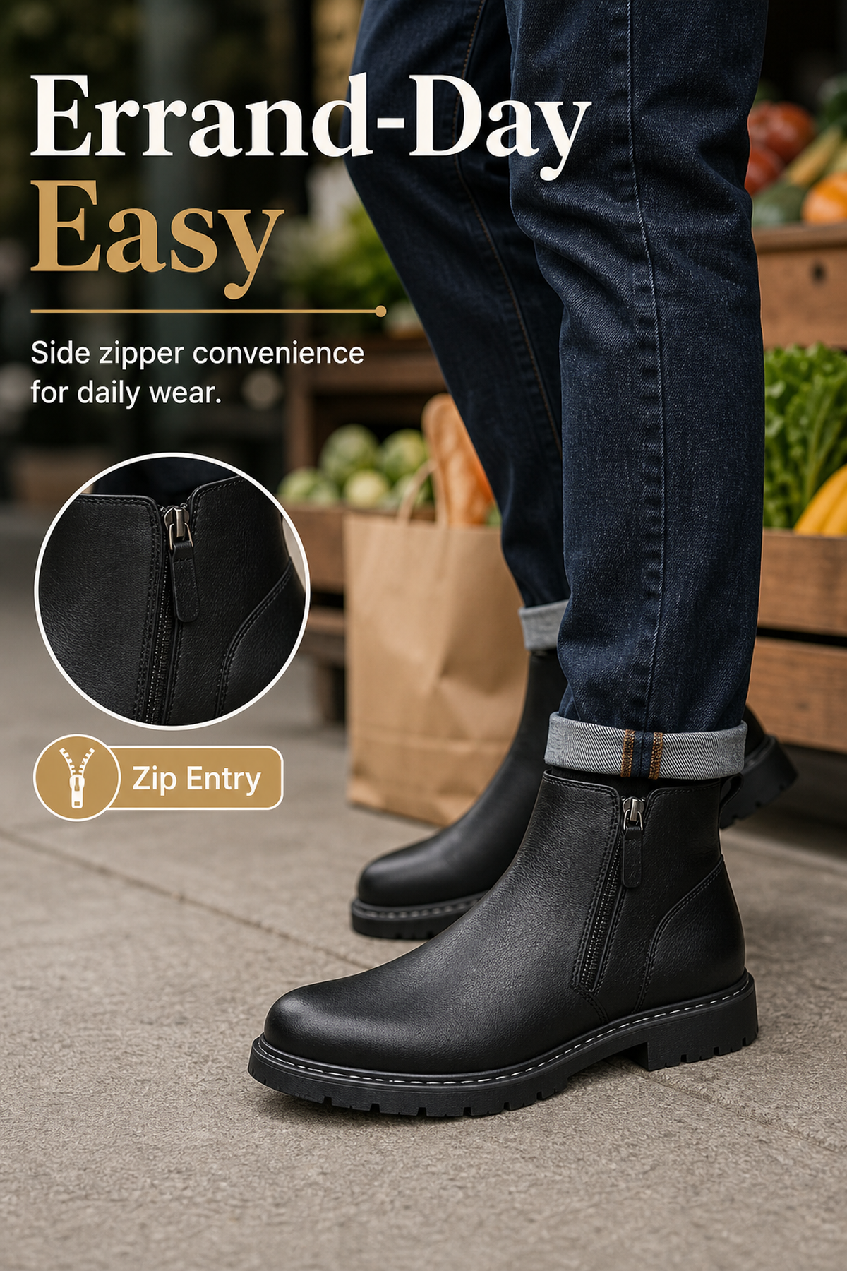 Men's Wide Toe Box Leather Boots with Side Zipper Scene2 generated advertorial image