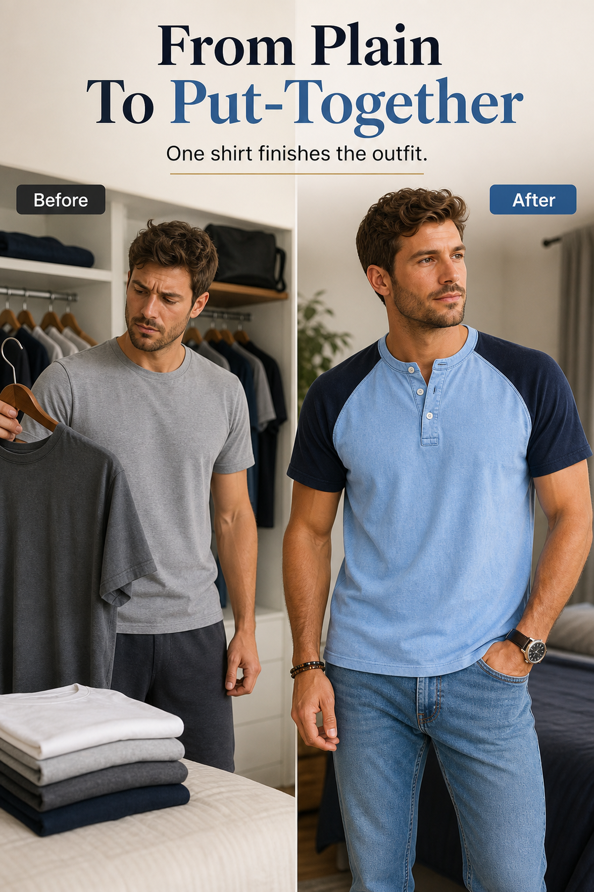 Men's Color Block Raglan Sleeve Washed Henley Tee BeforeAfter generated advertorial image