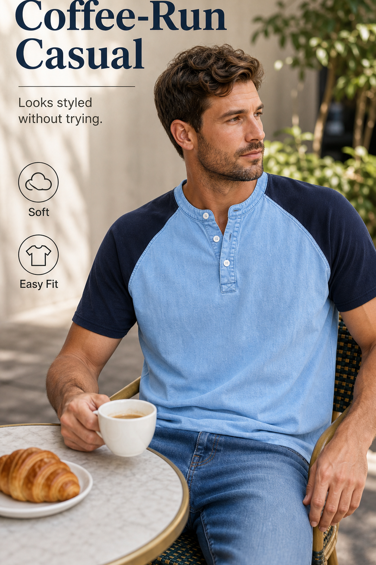 Men's Color Block Raglan Sleeve Washed Henley Tee Scene1 generated advertorial image