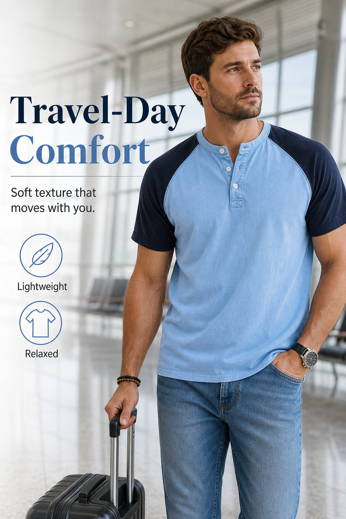 Men's Color Block Raglan Sleeve Washed Henley Tee Scene2 generated advertorial image