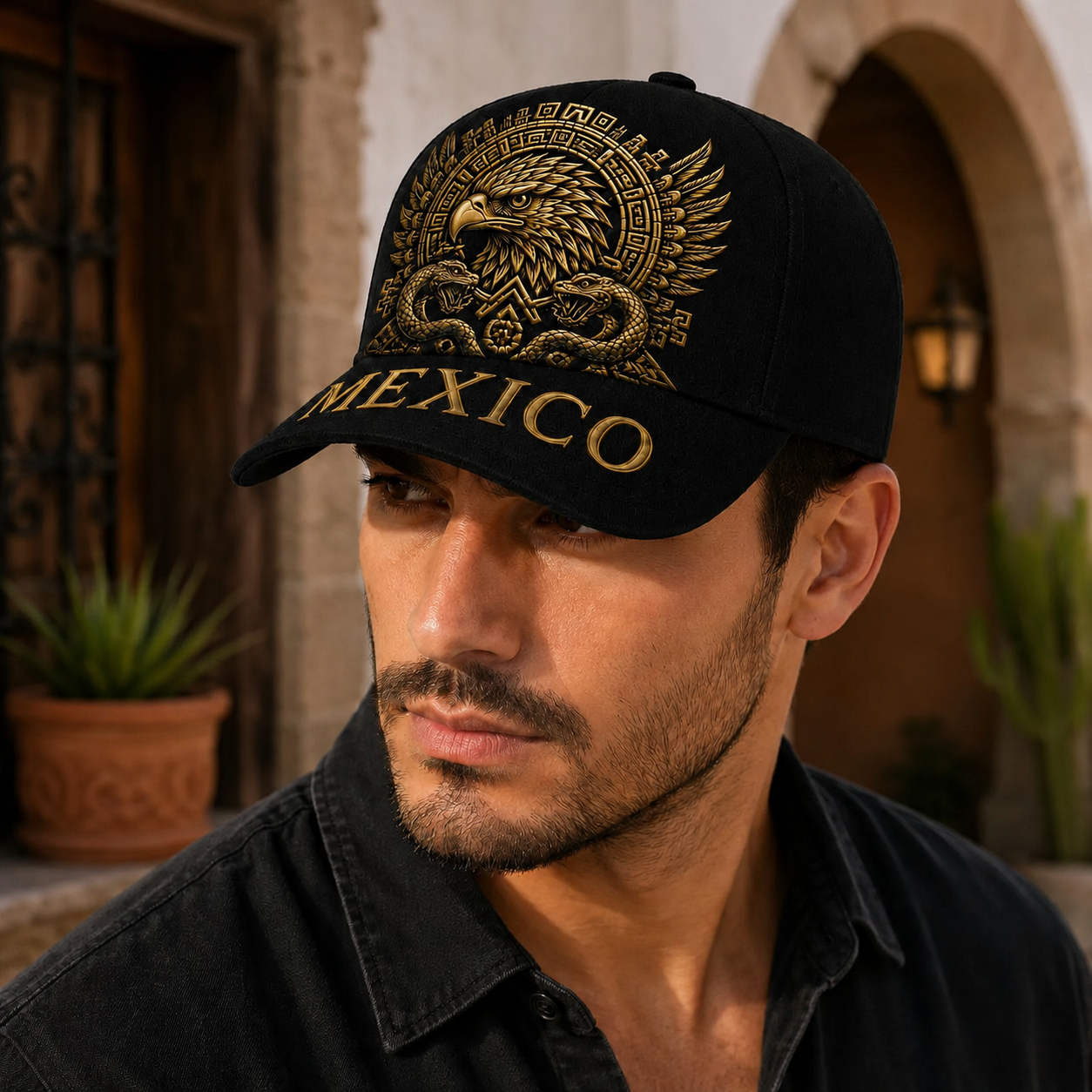 Mexico Baseball Cap with Golden Aztec Eagle Embroidery, Adjustable Snapback Hat for Men & Women