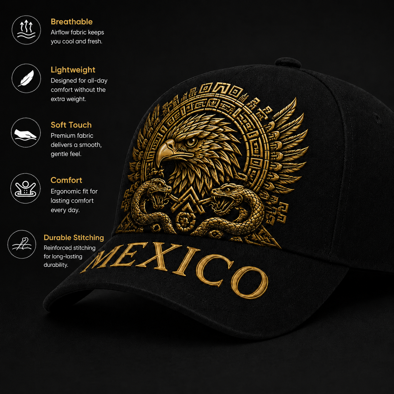 Mexico Baseball Cap with Golden Aztec Eagle Embroidery, Adjustable Snapback Hat for Men & Women