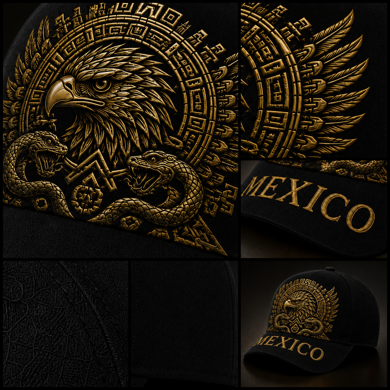 Mexico Baseball Cap with Golden Aztec Eagle Embroidery, Adjustable Snapback Hat for Men & Women