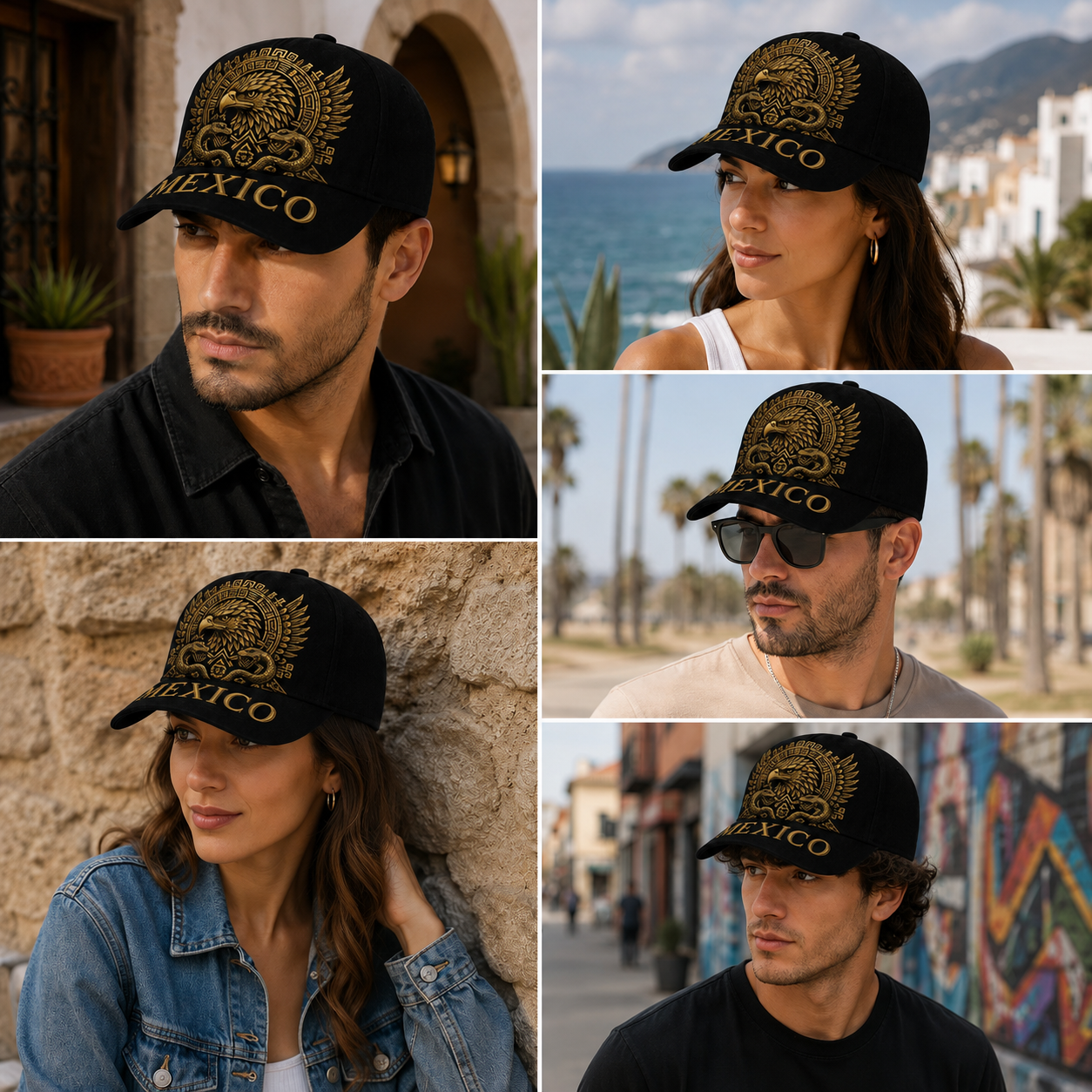 Mexico Baseball Cap with Golden Aztec Eagle Embroidery, Adjustable Snapback Hat for Men & Women