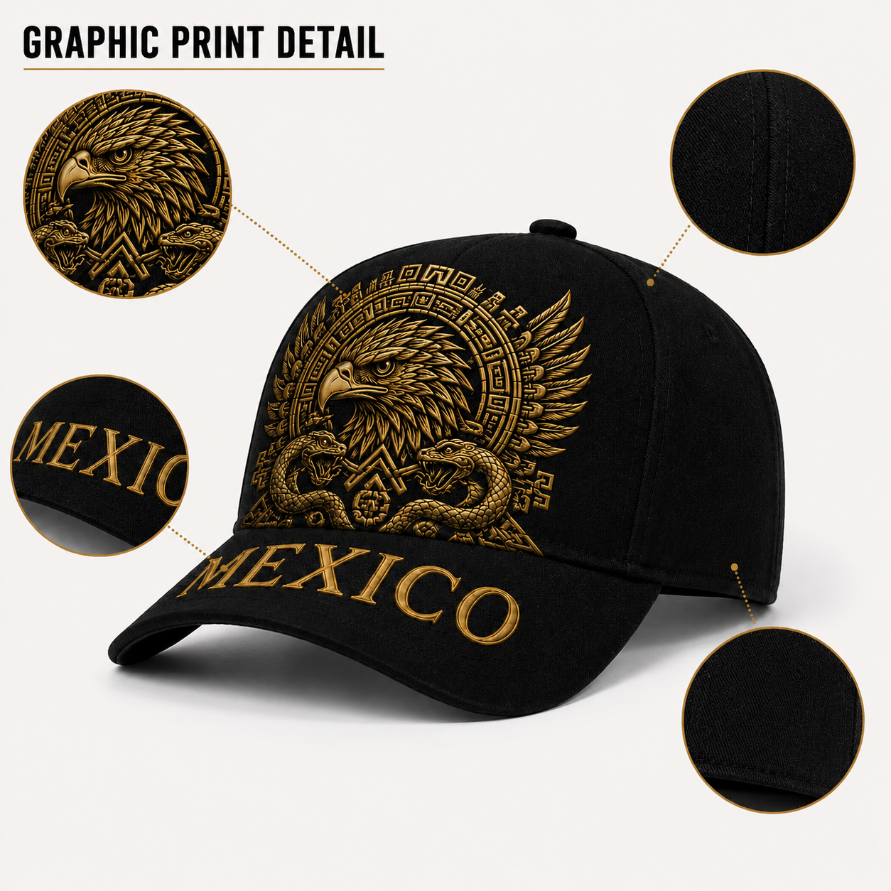 Mexico Baseball Cap with Golden Aztec Eagle Embroidery, Adjustable Snapback Hat for Men & Women