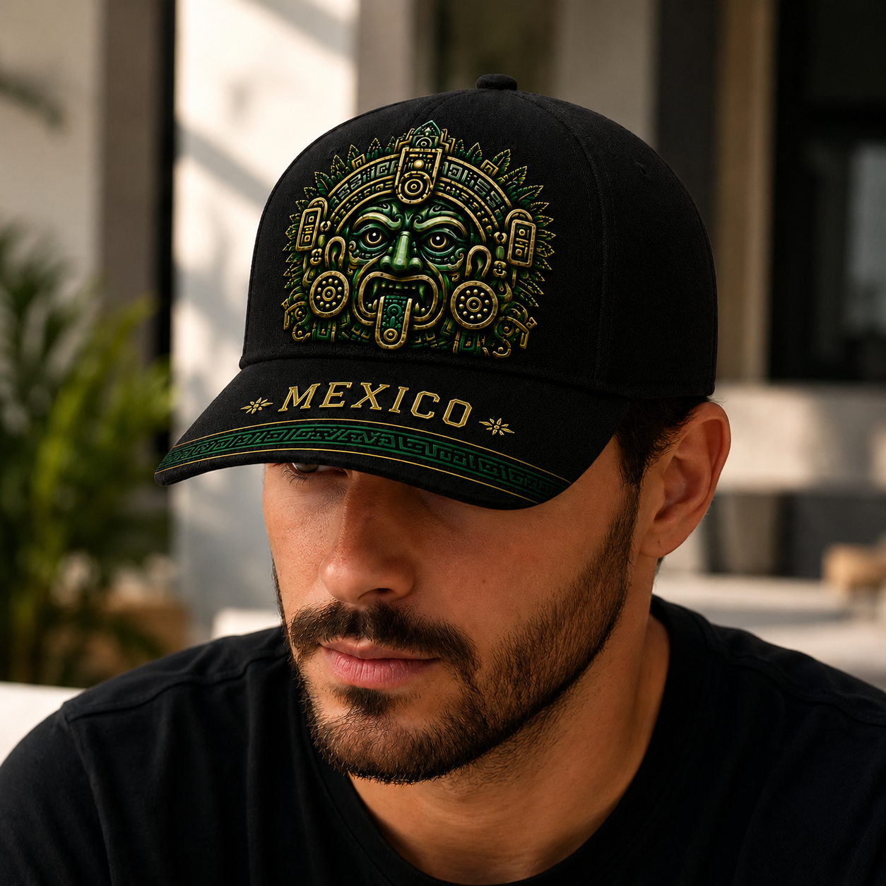 Baseball Cap - Mens Hats, Unisex Black/Green Aztec Mask Graphic Hat with Embroidered Patch, Adjustable Snapback, Casual Outfits Cap, Mexico Pride Outdoor Sun Accessory for Soccer Fans, Sports Streetwear