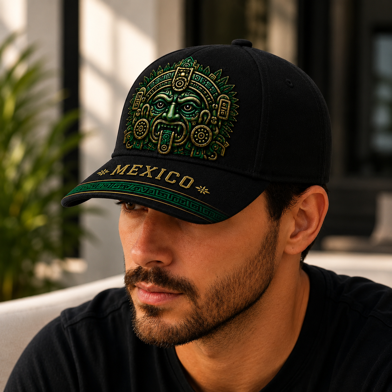 Baseball Cap - Mens Hats, Unisex Black/Green Aztec Mask Graphic Hat with Embroidered Patch, Adjustable Snapback, Casual Outfits Cap, Mexico Pride Outdoor Sun Accessory for Soccer Fans, Sports Streetwear