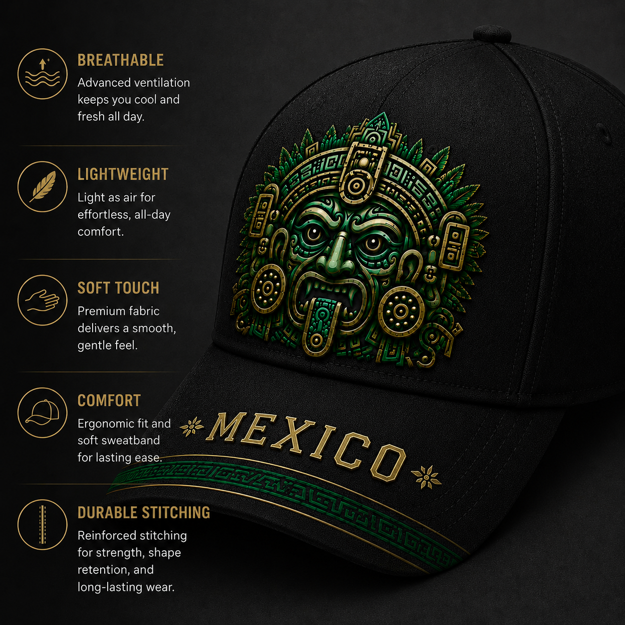 Baseball Cap - Mens Hats, Unisex Black/Green Aztec Mask Graphic Hat with Embroidered Patch, Adjustable Snapback, Casual Outfits Cap, Mexico Pride Outdoor Sun Accessory for Soccer Fans, Sports Streetwear
