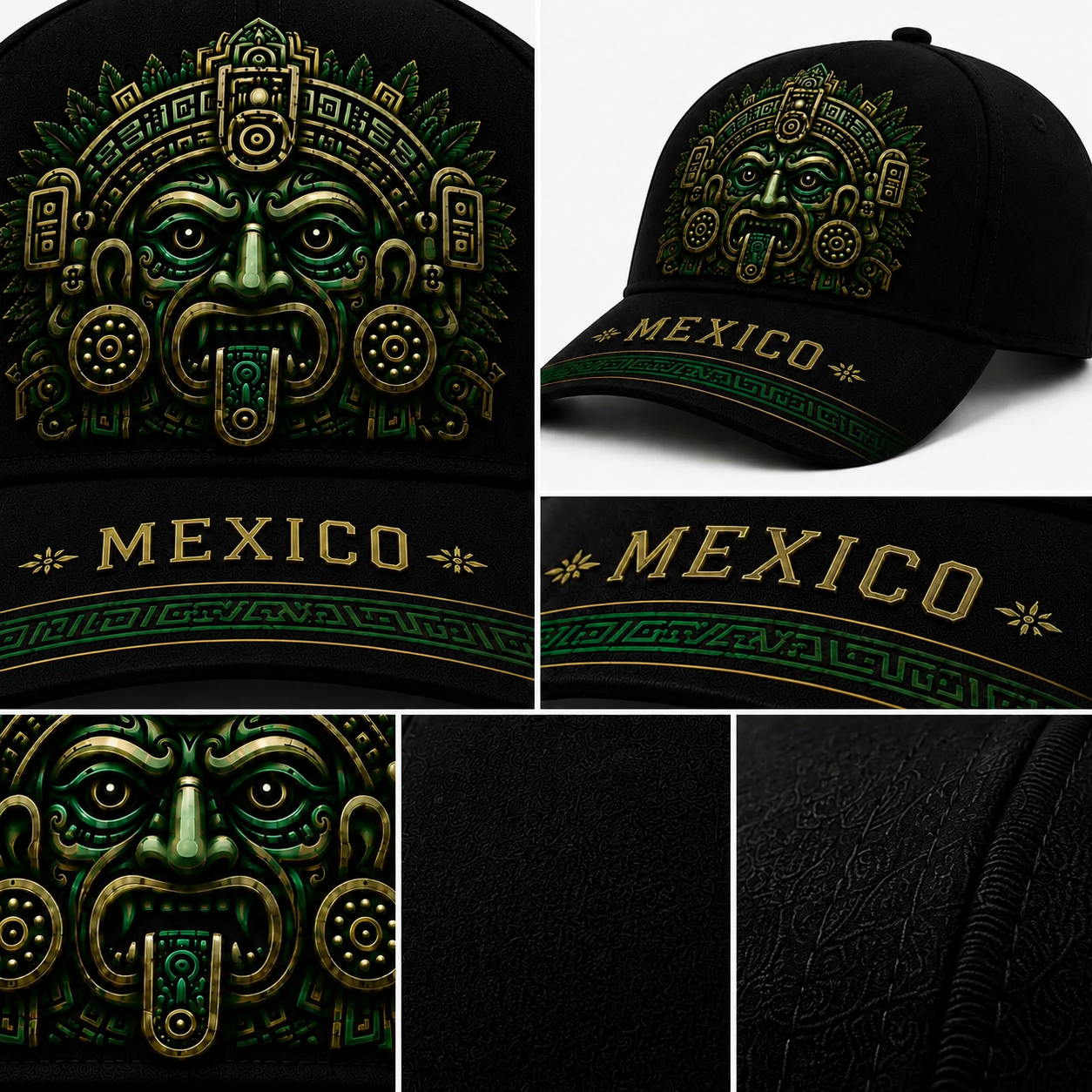 Baseball Cap - Mens Hats, Unisex Black/Green Aztec Mask Graphic Hat with Embroidered Patch, Adjustable Snapback, Casual Outfits Cap, Mexico Pride Outdoor Sun Accessory for Soccer Fans, Sports Streetwear