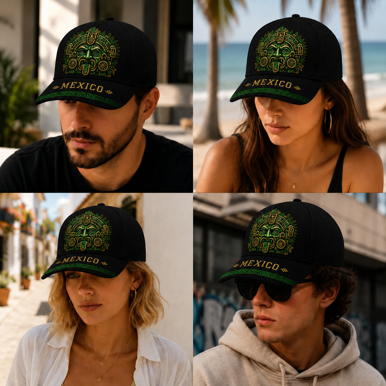 Baseball Cap - Mens Hats, Unisex Black/Green Aztec Mask Graphic Hat with Embroidered Patch, Adjustable Snapback, Casual Outfits Cap, Mexico Pride Outdoor Sun Accessory for Soccer Fans, Sports Streetwear