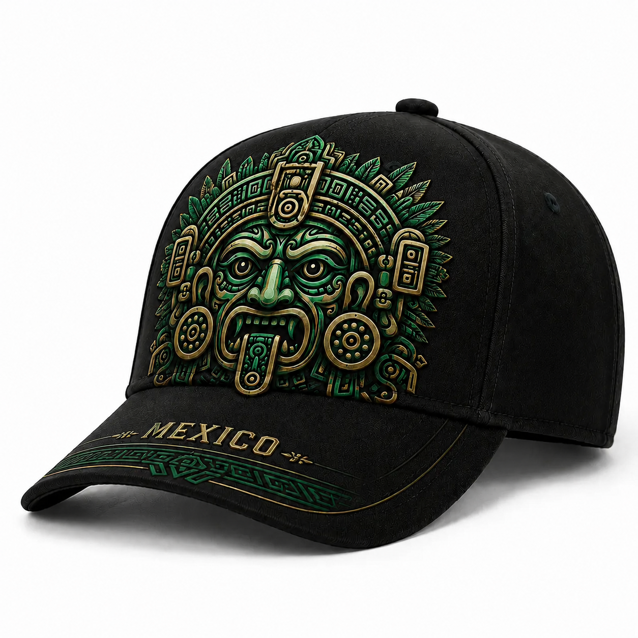 Baseball Cap - Mens Hats, Unisex Black/Green Aztec Mask Graphic Hat with Embroidered Patch, Adjustable Snapback, Casual Outfits Cap, Mexico Pride Outdoor Sun Accessory for Soccer Fans, Sports Streetwear