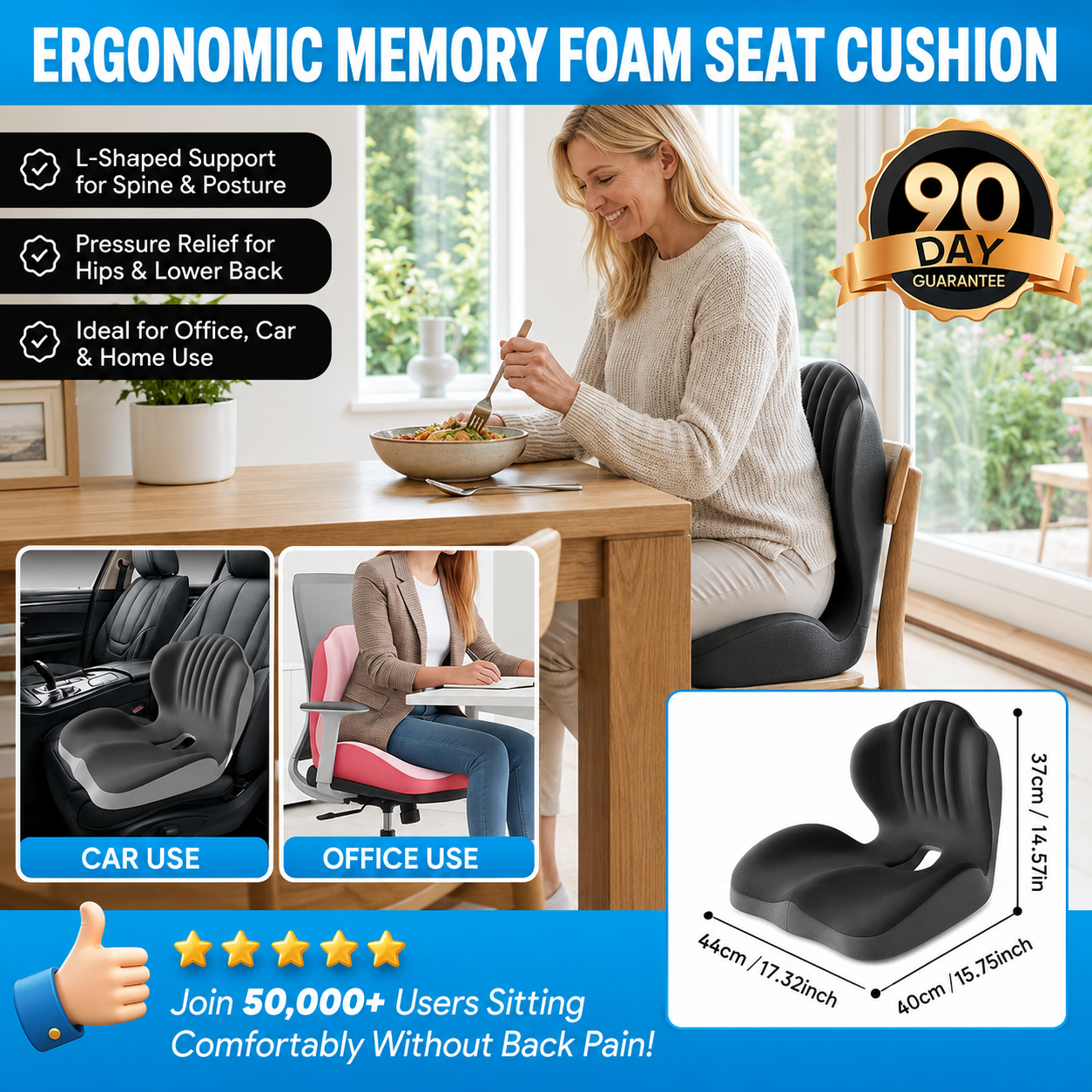 Ergonomic Memory Foam Seat Cushion Comfort for Office, Car & Long Sitting - front view
