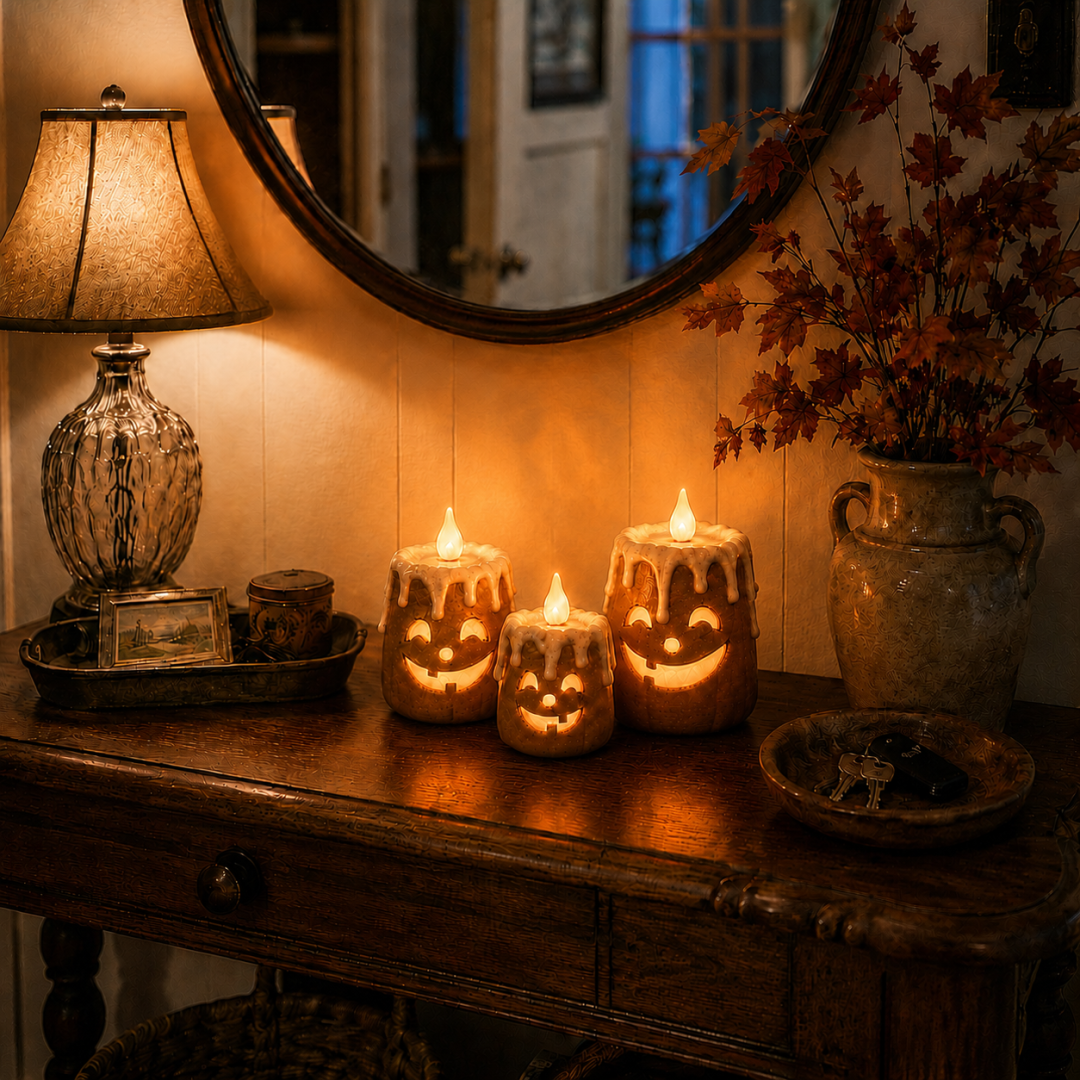 Complete three-piece lighted pumpkin candle set