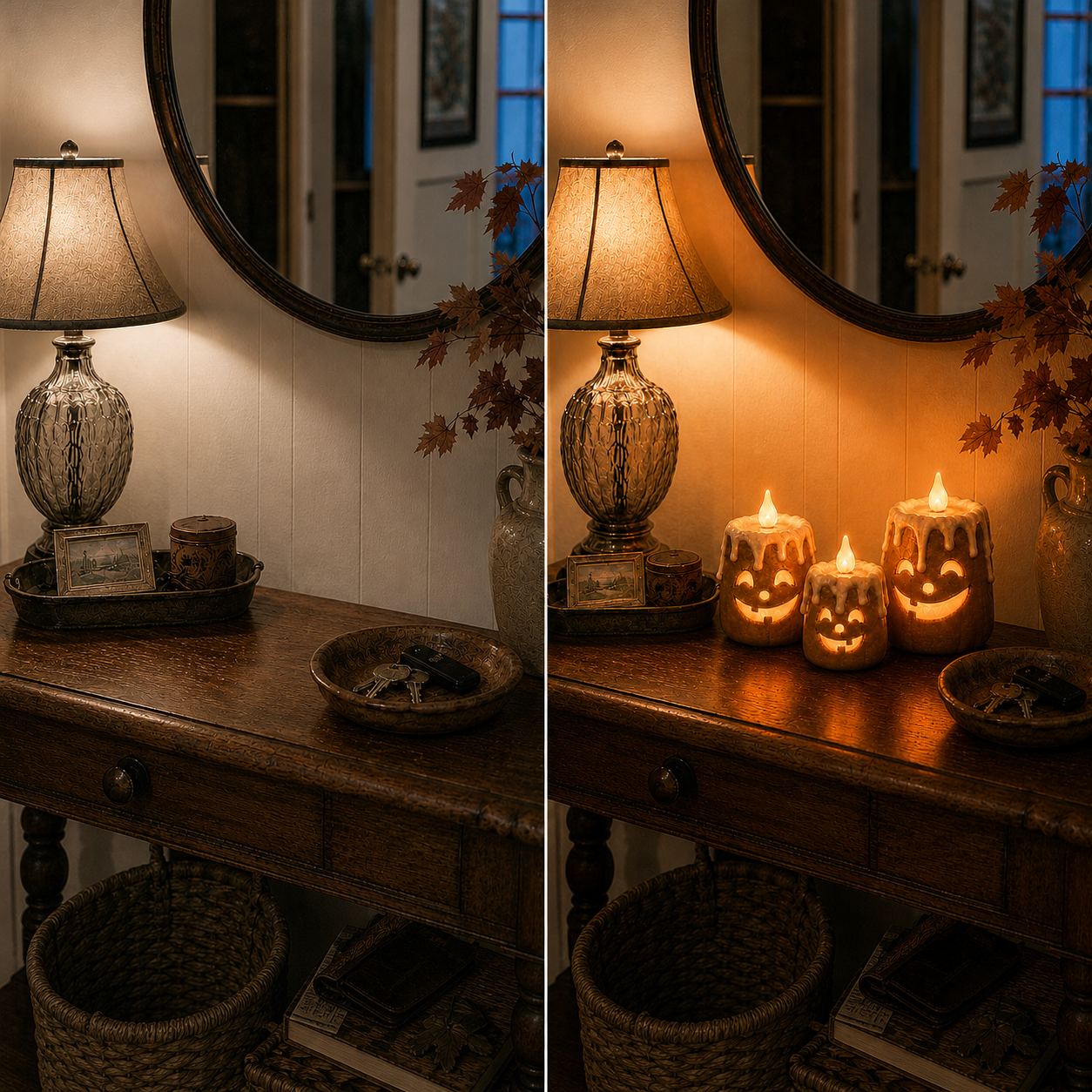 Entryway console before and after adding the three-piece pumpkin light set