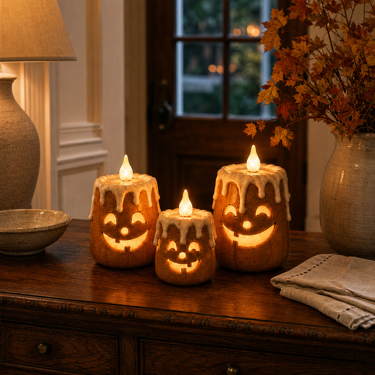 Complete three-piece lighted pumpkin candle set ready for a welcoming fall home