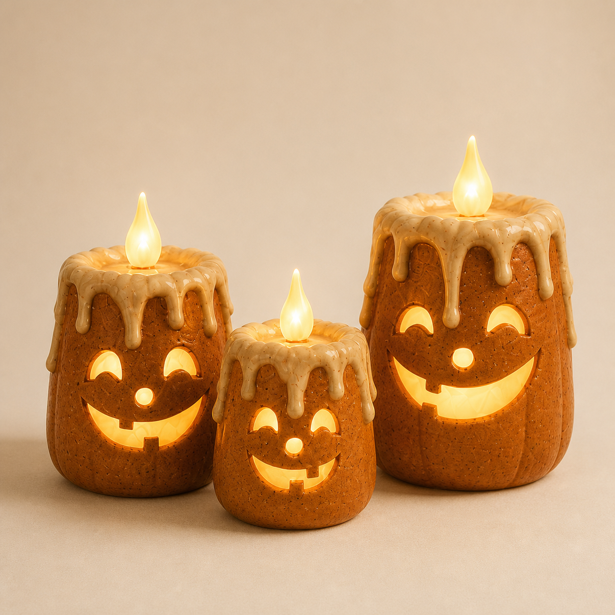Complete three-piece lighted pumpkin candle set on a clean studio background