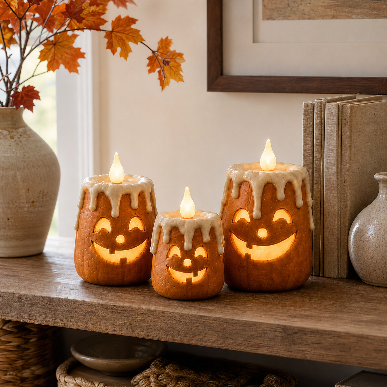 Three-piece resin pumpkin candle set displayed in natural daytime light