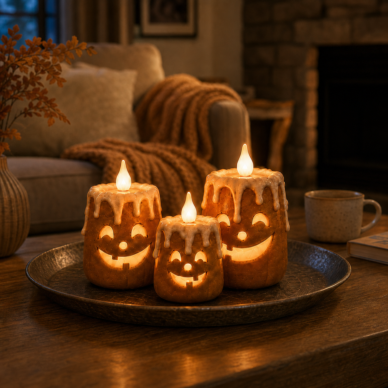 Complete pumpkin light trio placed together on a living room coffee table