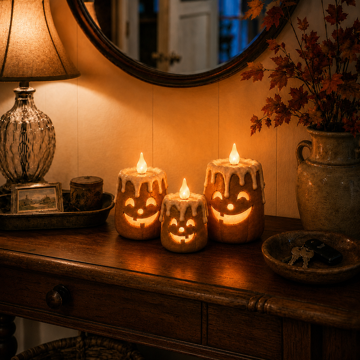 Three-piece lighted pumpkin candle set creating a warm fall entryway glow