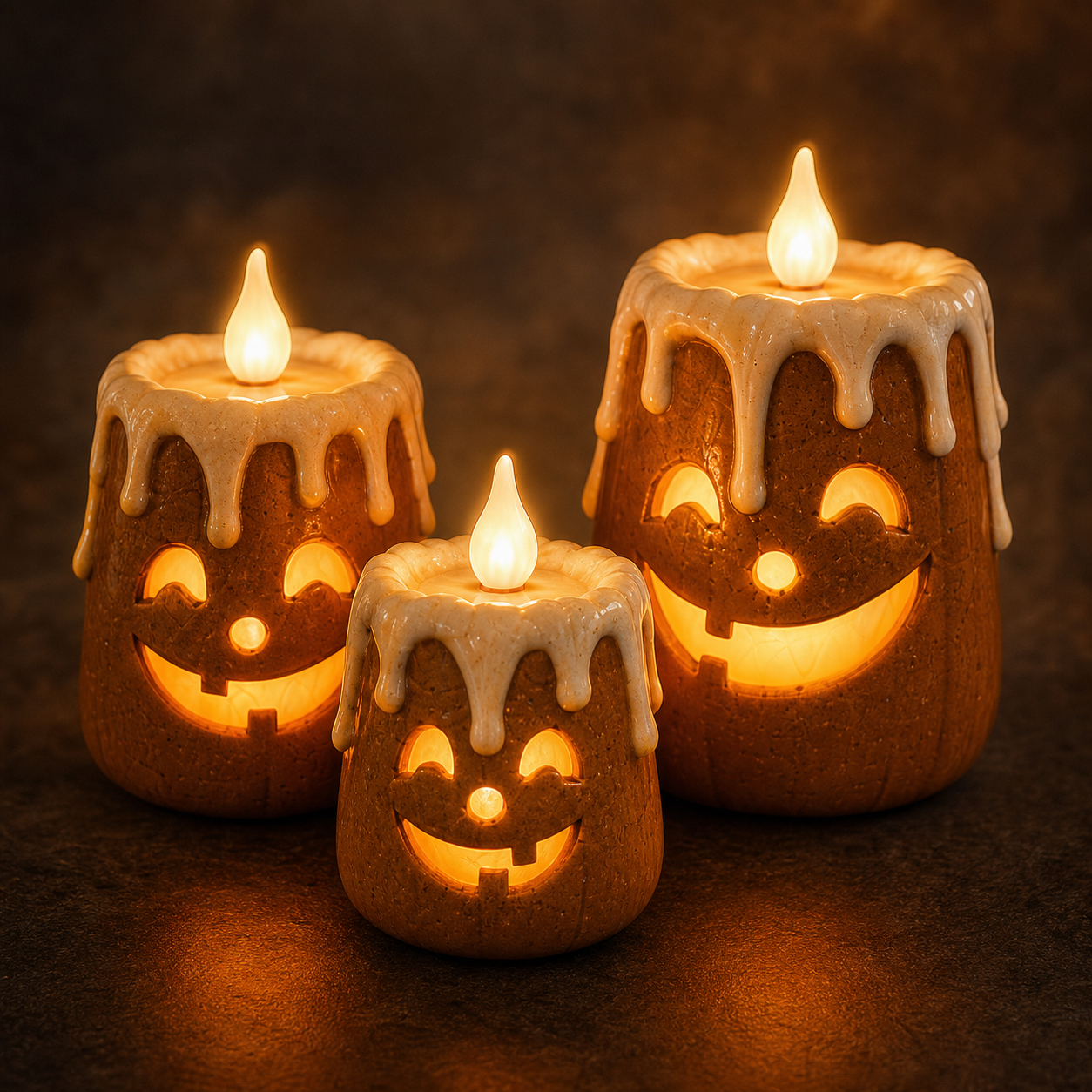 Close view of orange resin pumpkin faces, cream wax details and warm LED glow