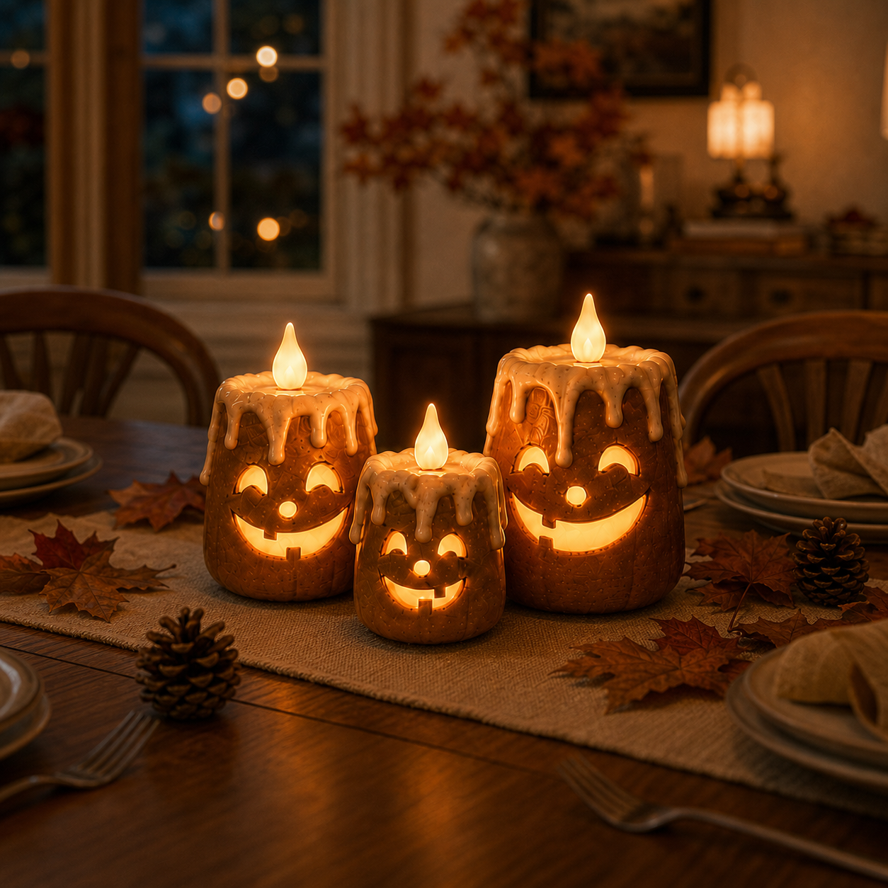 Three-piece lighted pumpkin candle set styled as a fall dining table centerpiece