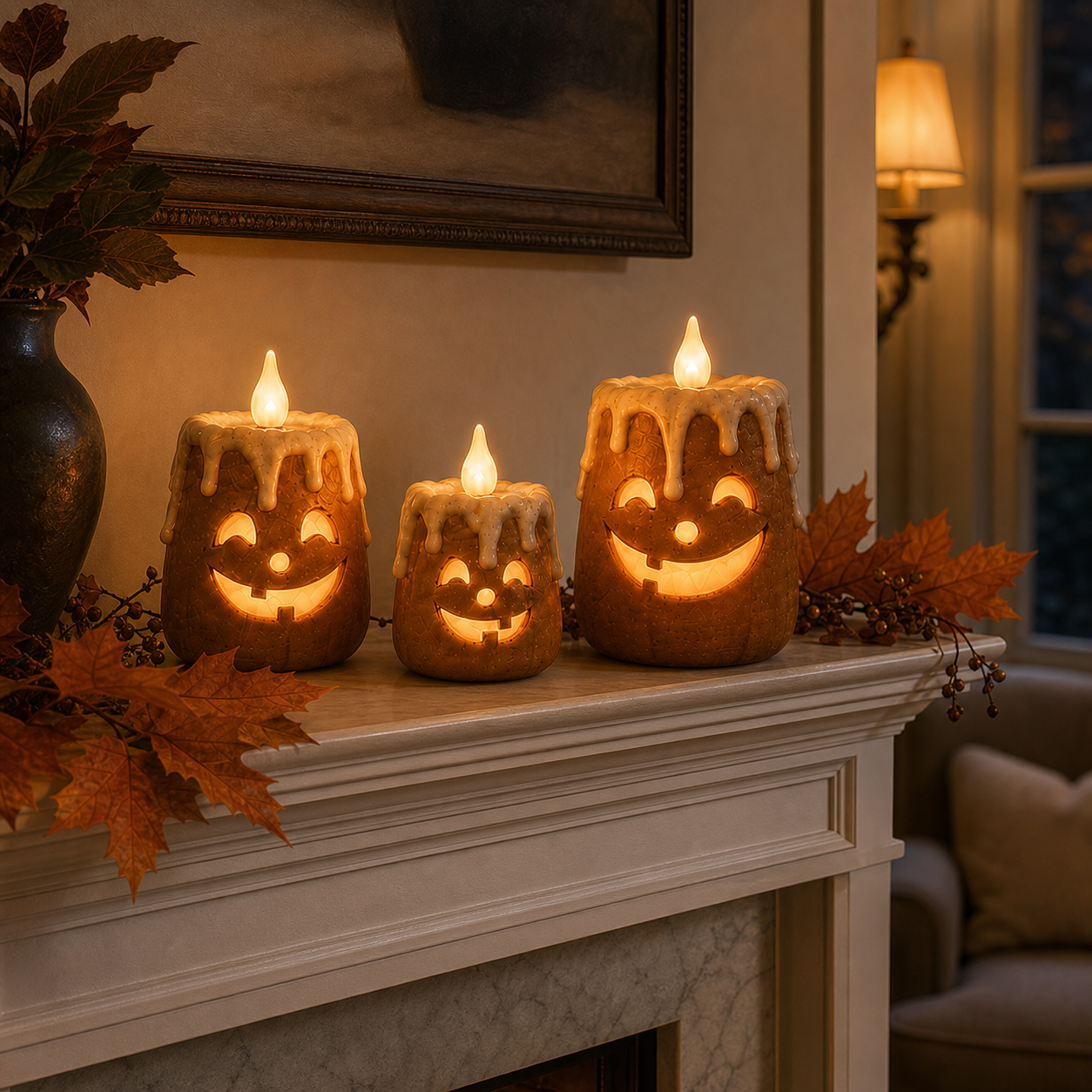 Three-piece lighted pumpkin candle set glowing together on a fall mantel