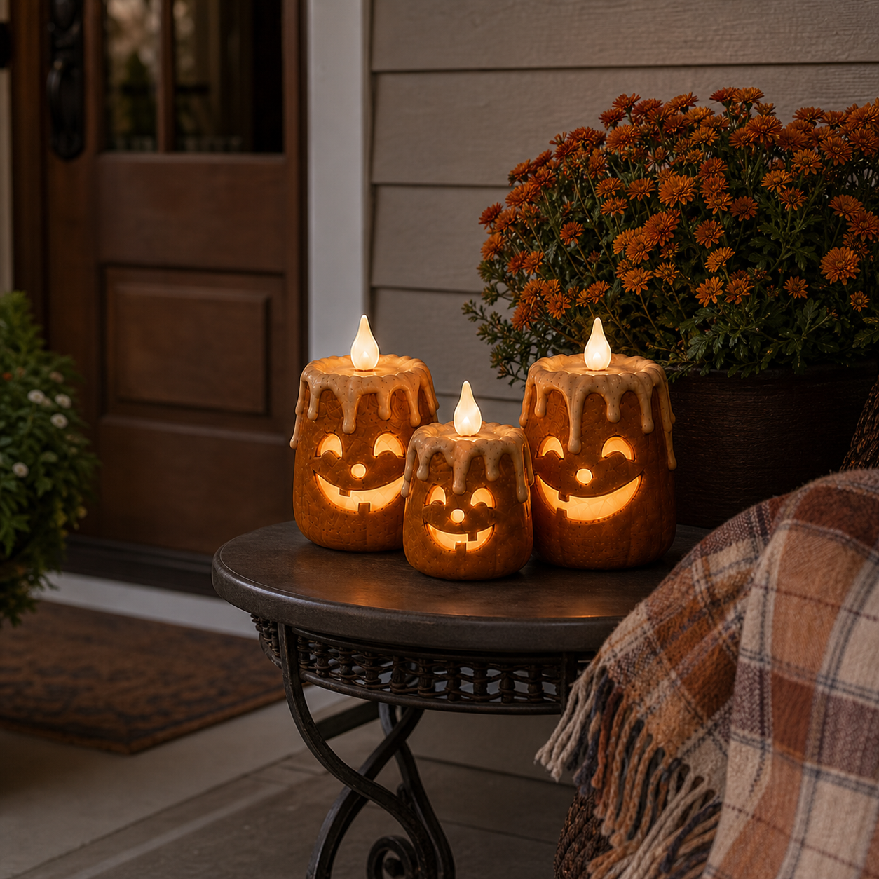 Three-piece lighted pumpkin candle set on a sheltered covered porch table