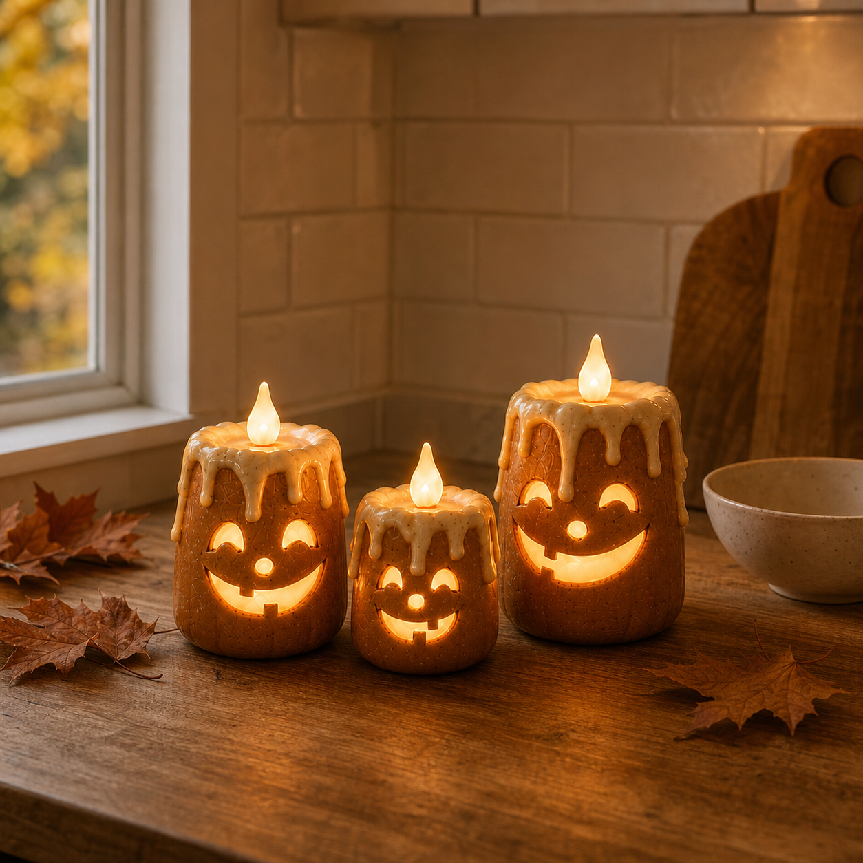 Three-piece lighted pumpkin candle set adding a warm fall accent to a kitchen counter