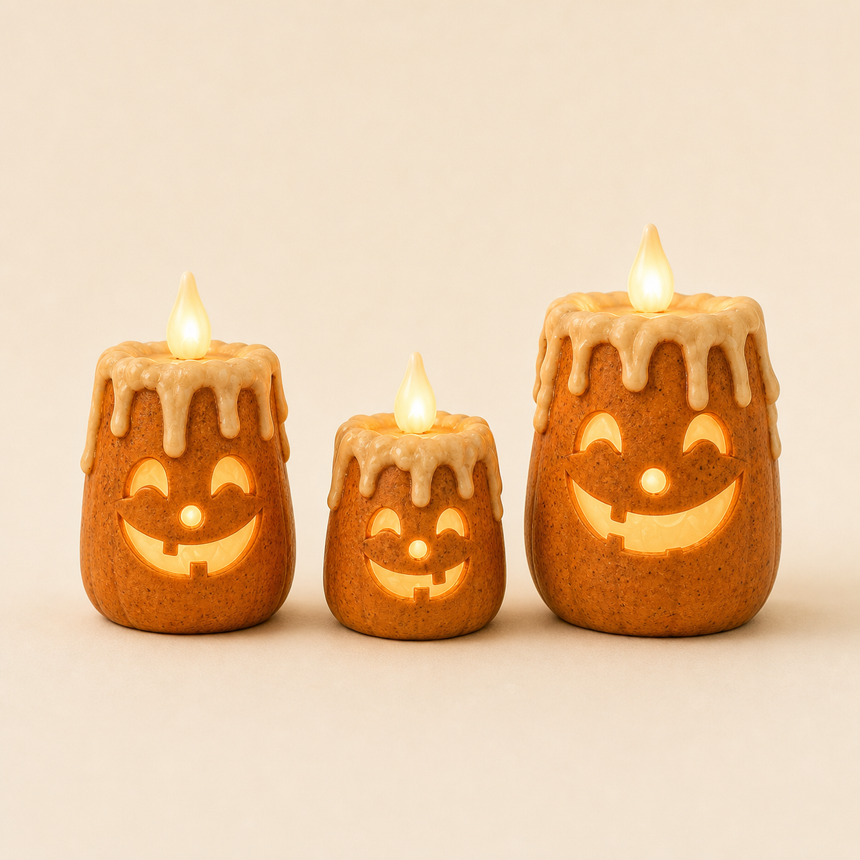 Small, medium and large pumpkin lights aligned to compare their coordinated heights