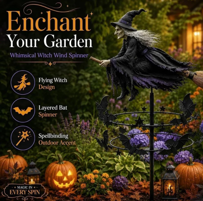 Enchanted Witch Garden Wind Spinner with flying witch and layered bats