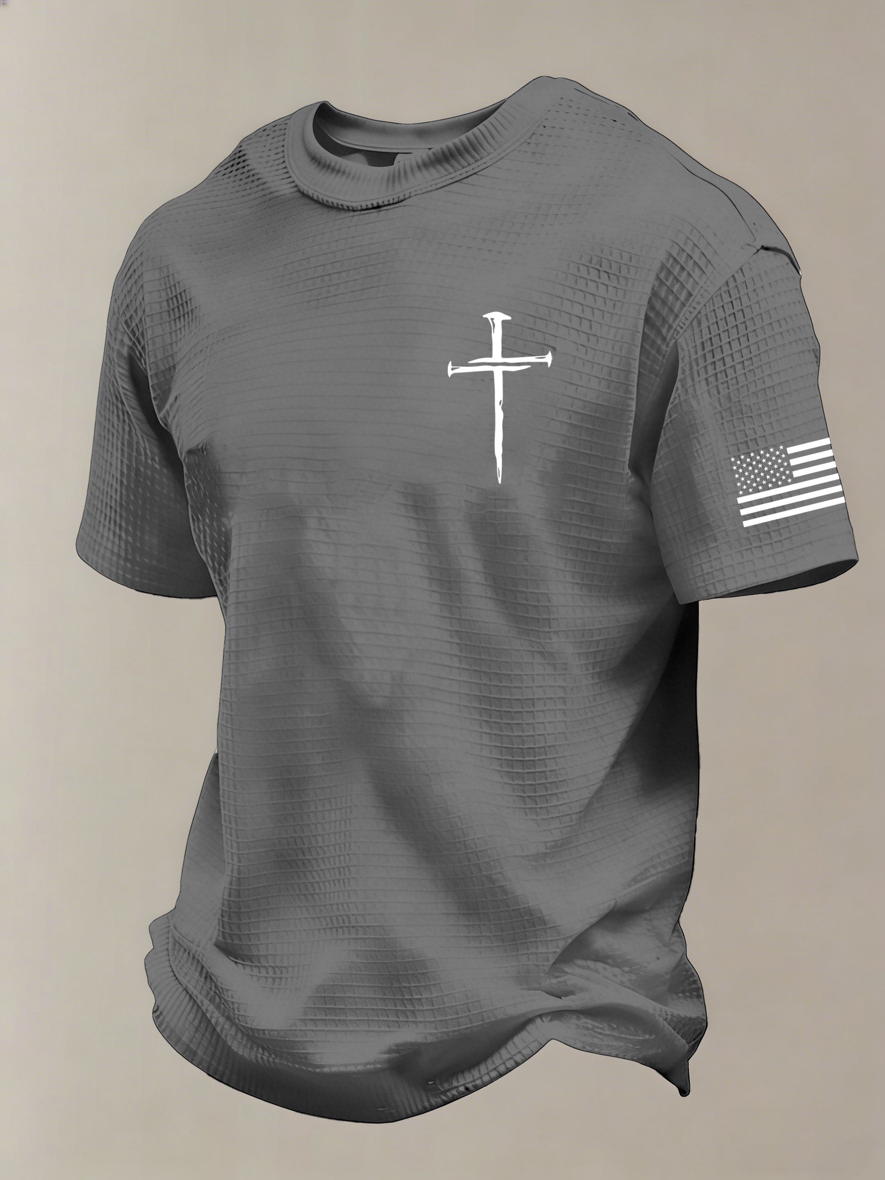 Men'S Vintage Faith Cross Flag Print Waffle-Knit Fabric T-Shirt - product image 2