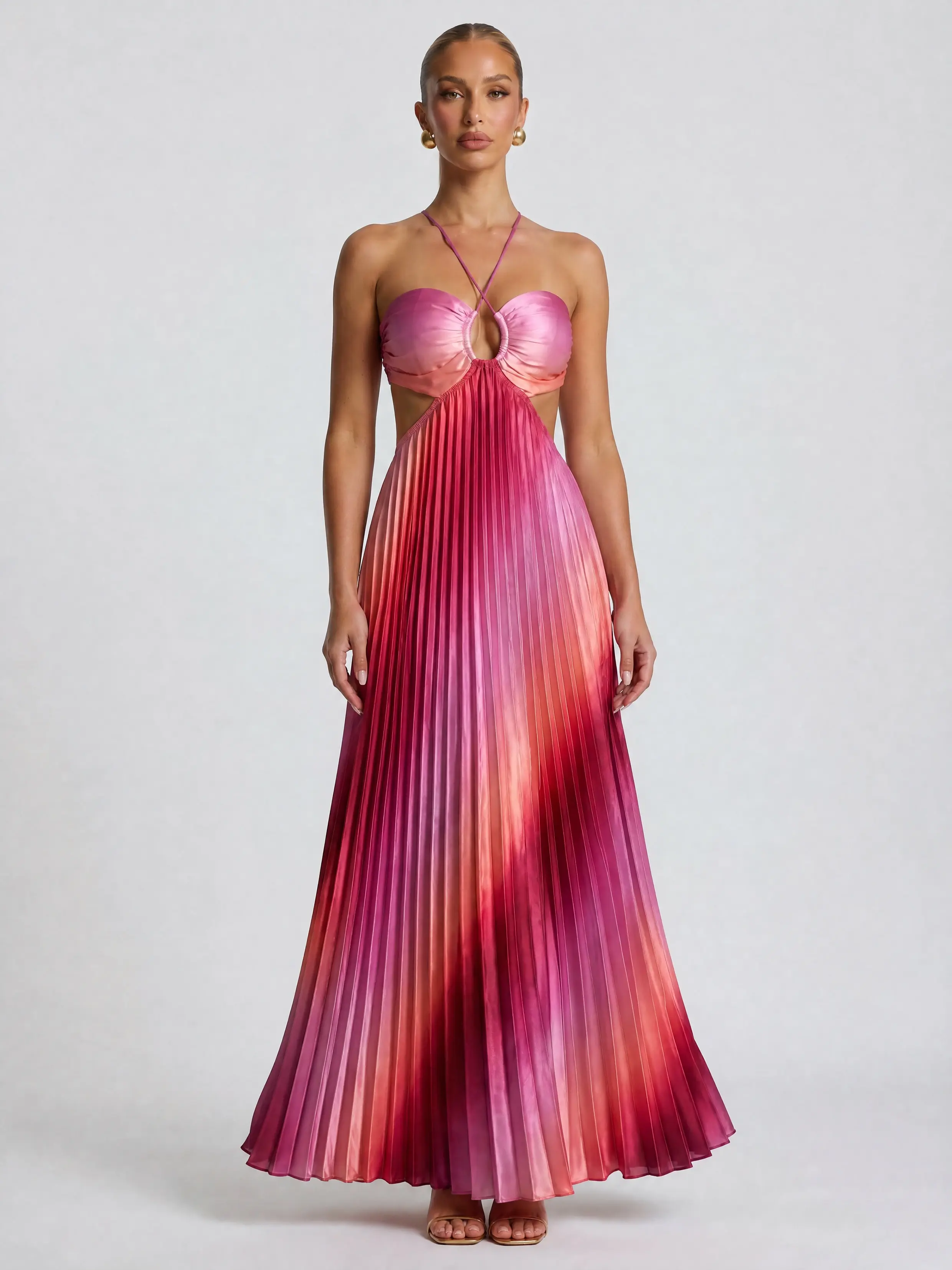 Women's 2026 Halter Cutout Ombre Pleated Maxi Dress - Satin Party - product image 2