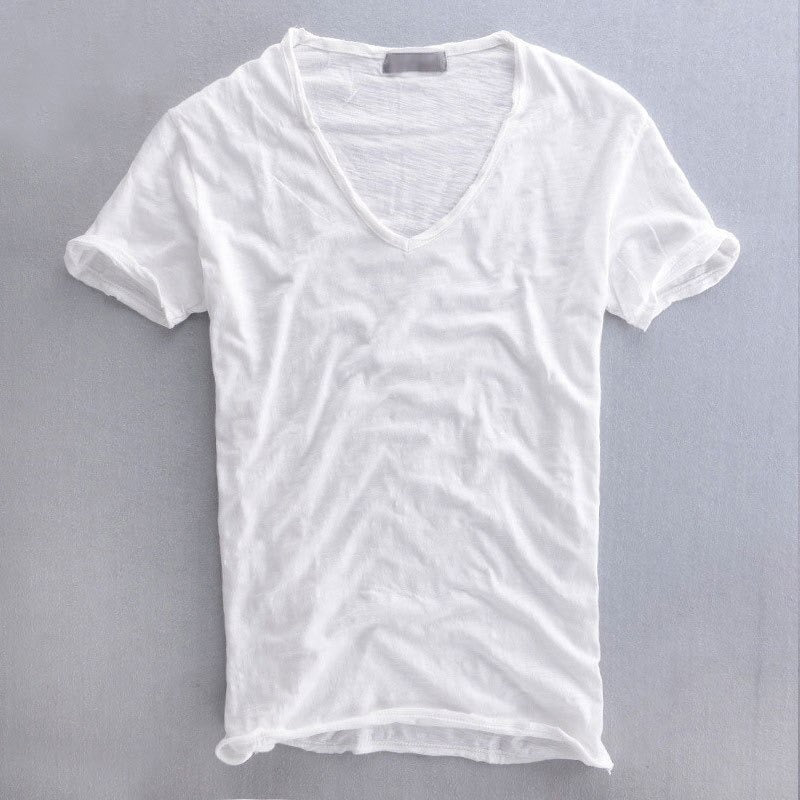 White men's short-sleeve V-neck cotton T-shirt with soft natural wrinkles