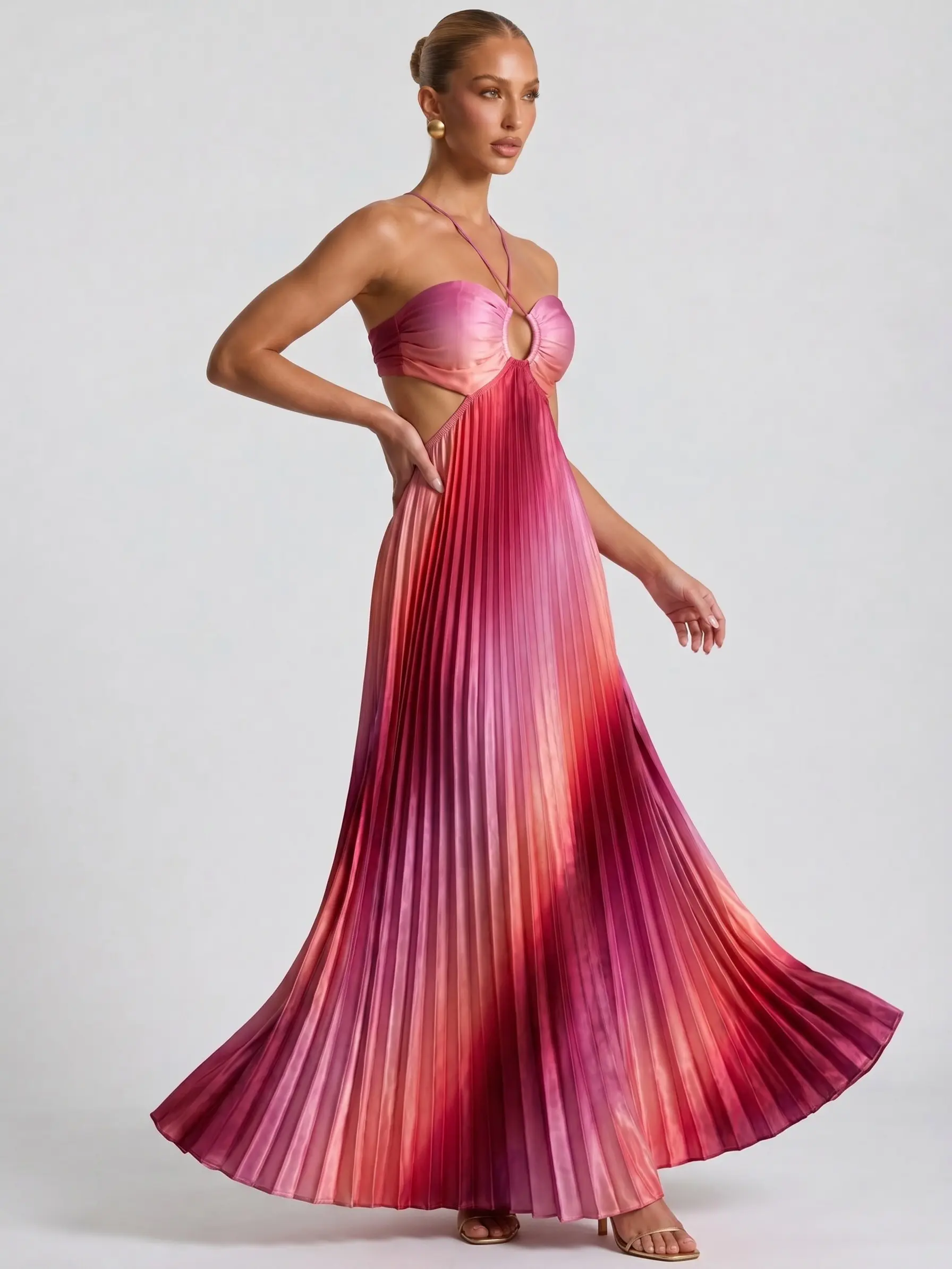 Women's 2026 Halter Cutout Ombre Pleated Maxi Dress - Satin Party - product image 3