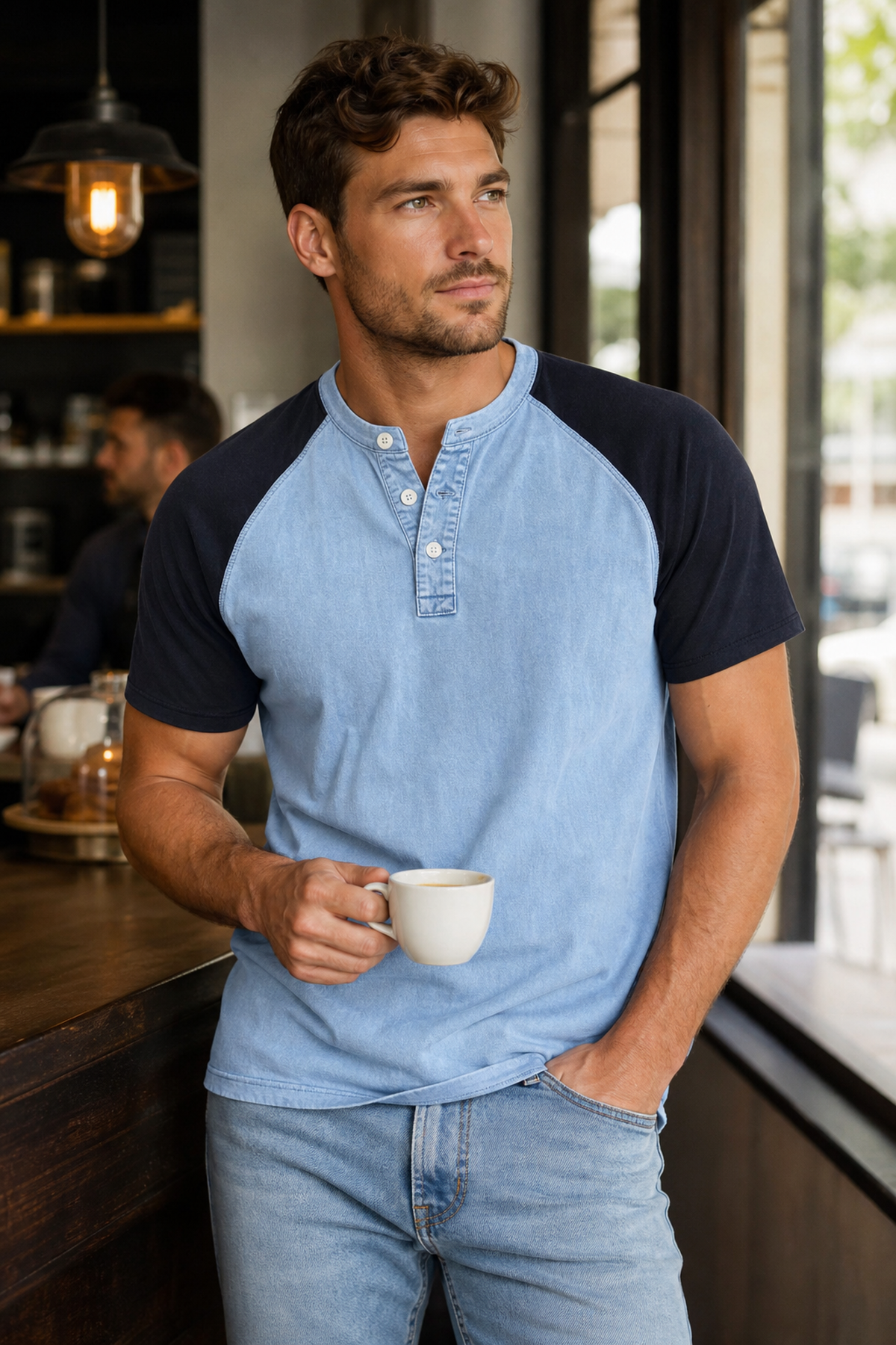 Men's Color Block Raglan Sleeve Washed Henley Tee Hero image-generated landing page visual