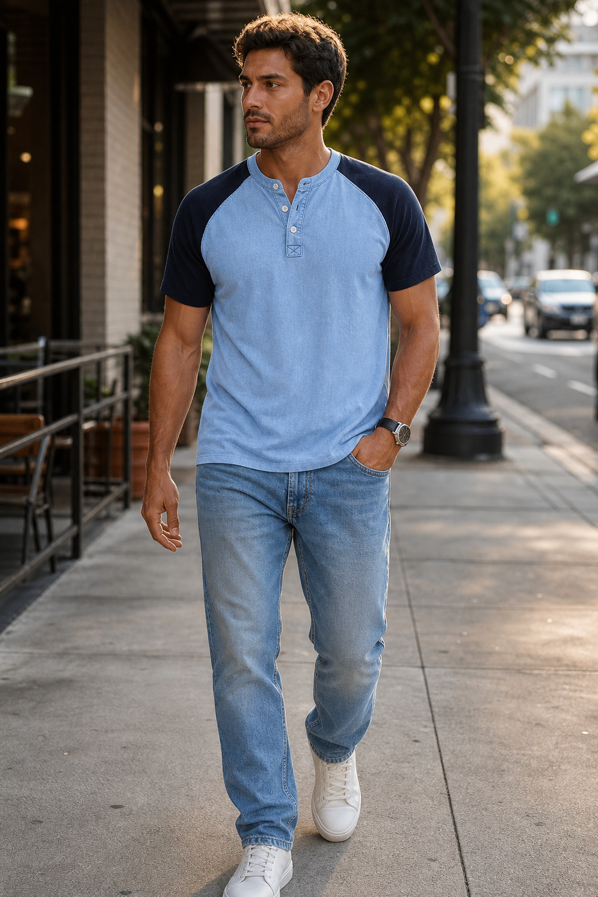 Men's Color Block Raglan Sleeve Washed Henley Tee Scene3 image-generated landing page visual