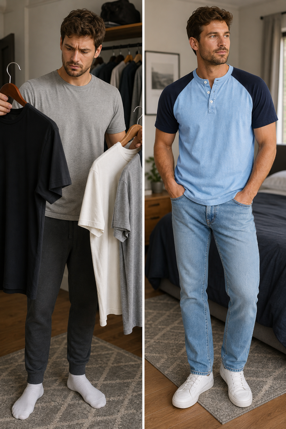 Men's Color Block Raglan Sleeve Washed Henley Tee BeforeAfter image-generated landing page visual