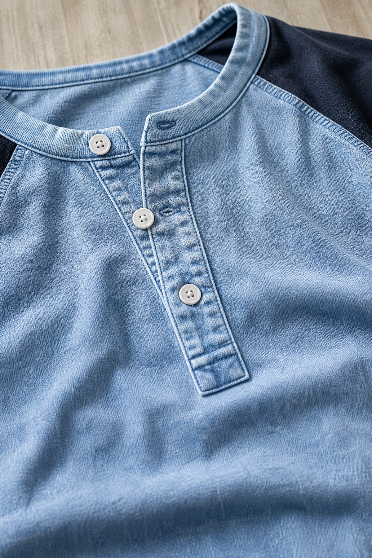 Men's Color Block Raglan Sleeve Washed Henley Tee Fabric image-generated landing page visual