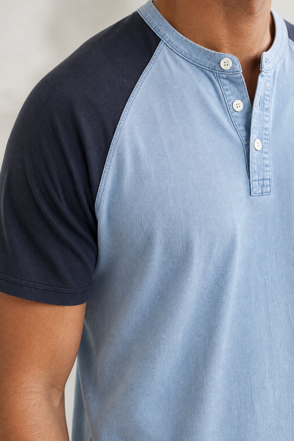 Men's Color Block Raglan Sleeve Washed Henley Tee Detail image-generated landing page visual