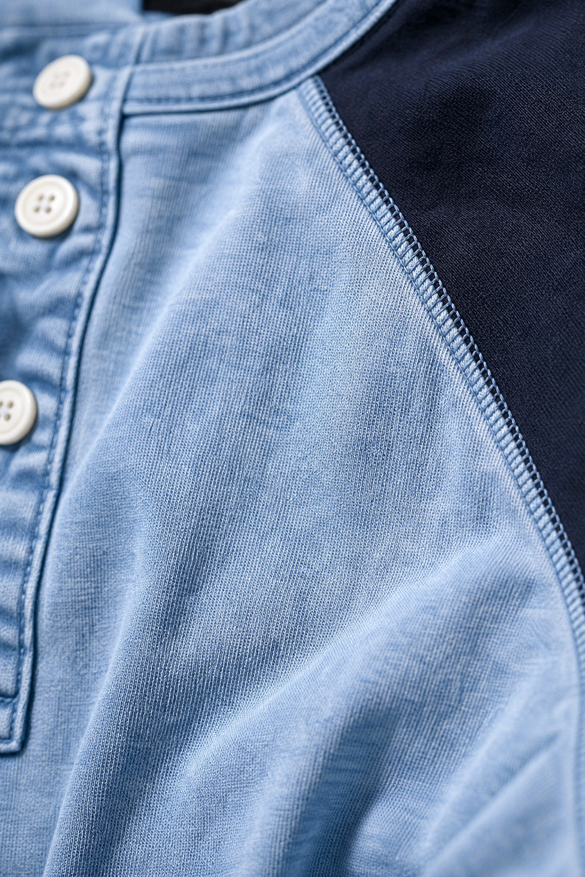 Men's Color Block Raglan Sleeve Washed Henley Tee MaterialCloseUp image-generated landing page visual