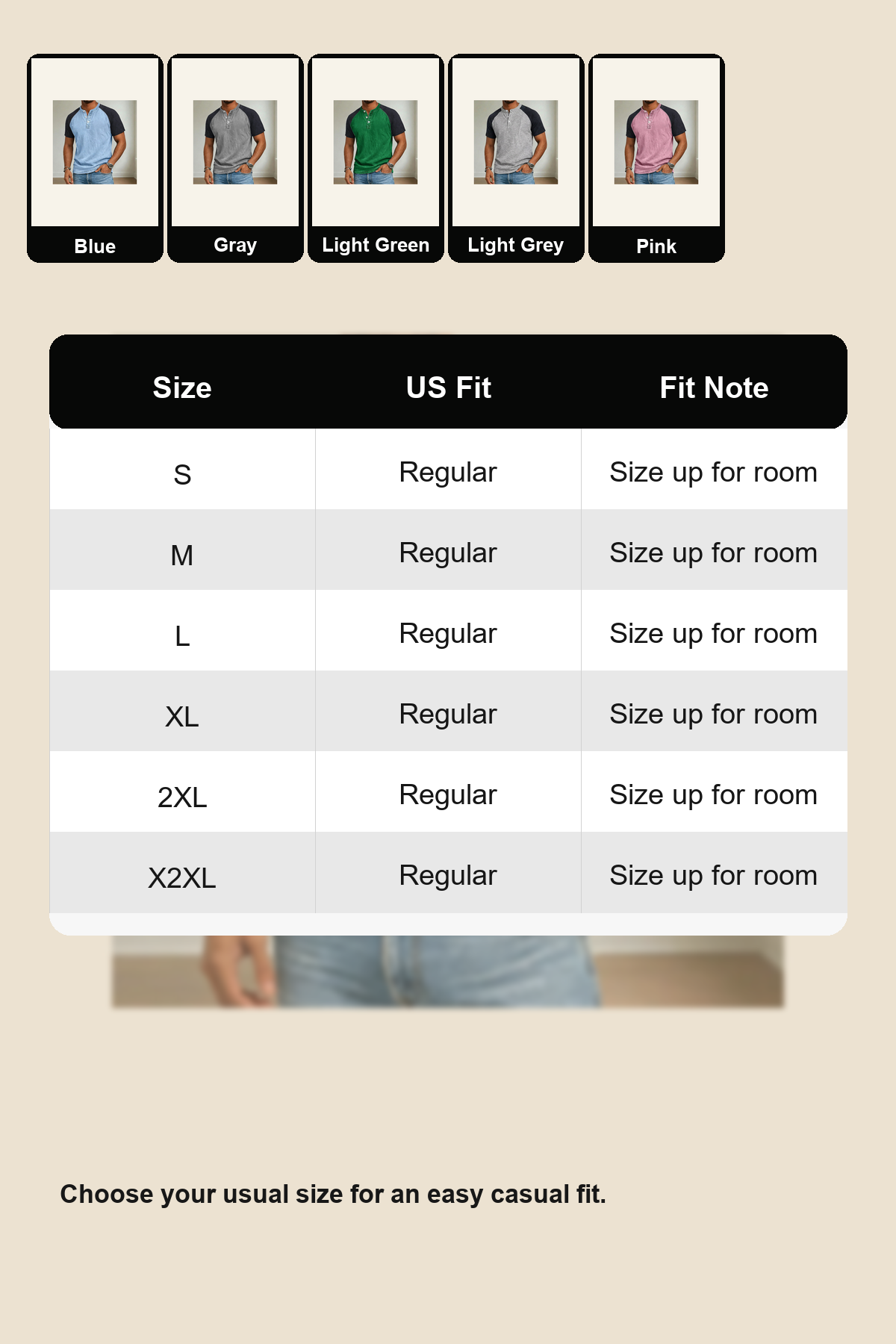 Men's Color Block Raglan Sleeve Washed Henley Tee SizeGuide image-generated landing page visual