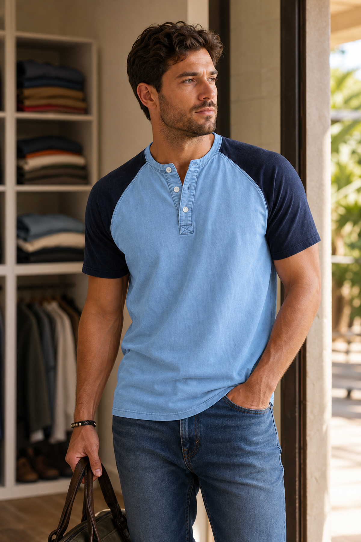 Men's Color Block Raglan Sleeve Washed Henley Tee CTA image-generated landing page visual