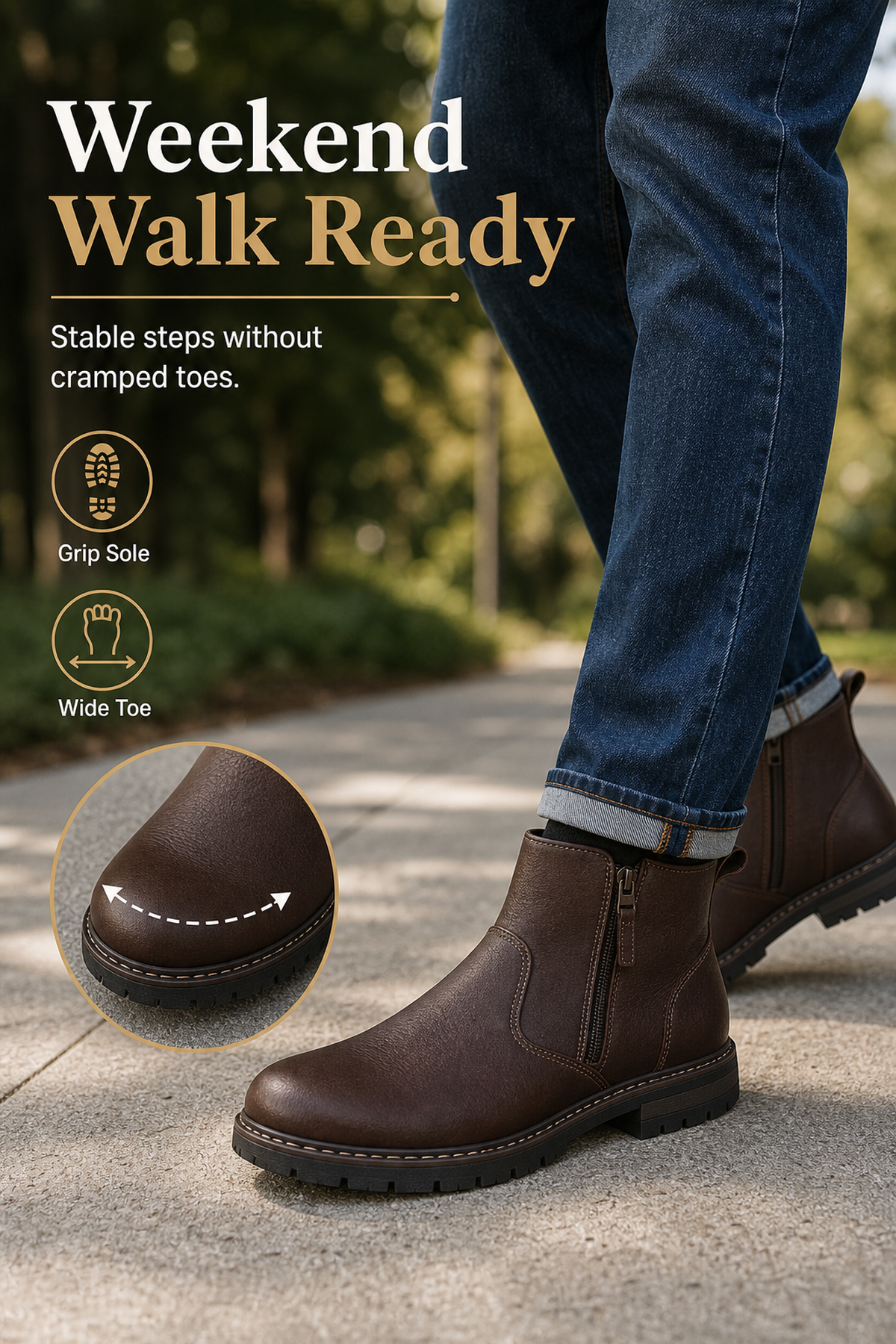 Men's Wide Toe Box Leather Boots with Side Zipper Scene1 generated advertorial image