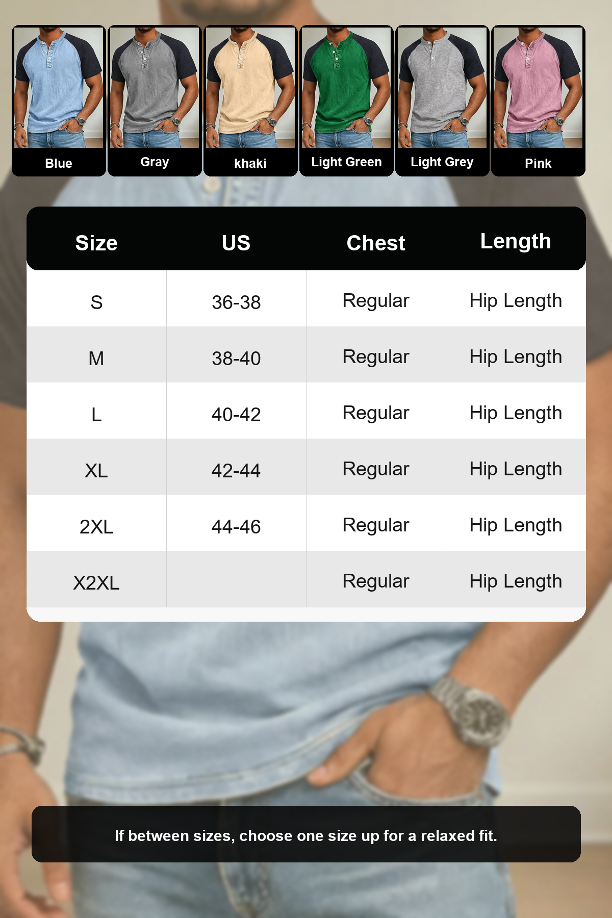 Men's Color Block Raglan Sleeve Washed Henley Tee SizeGuide generated advertorial image