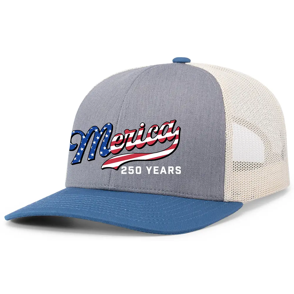 TRENZ SHIRT COMPANY Men's 250th American Anniversary Trucker Hat Patriotic USA Flag 'Merica Beer Logo Embroidered Mesh Back One Size Fits Most