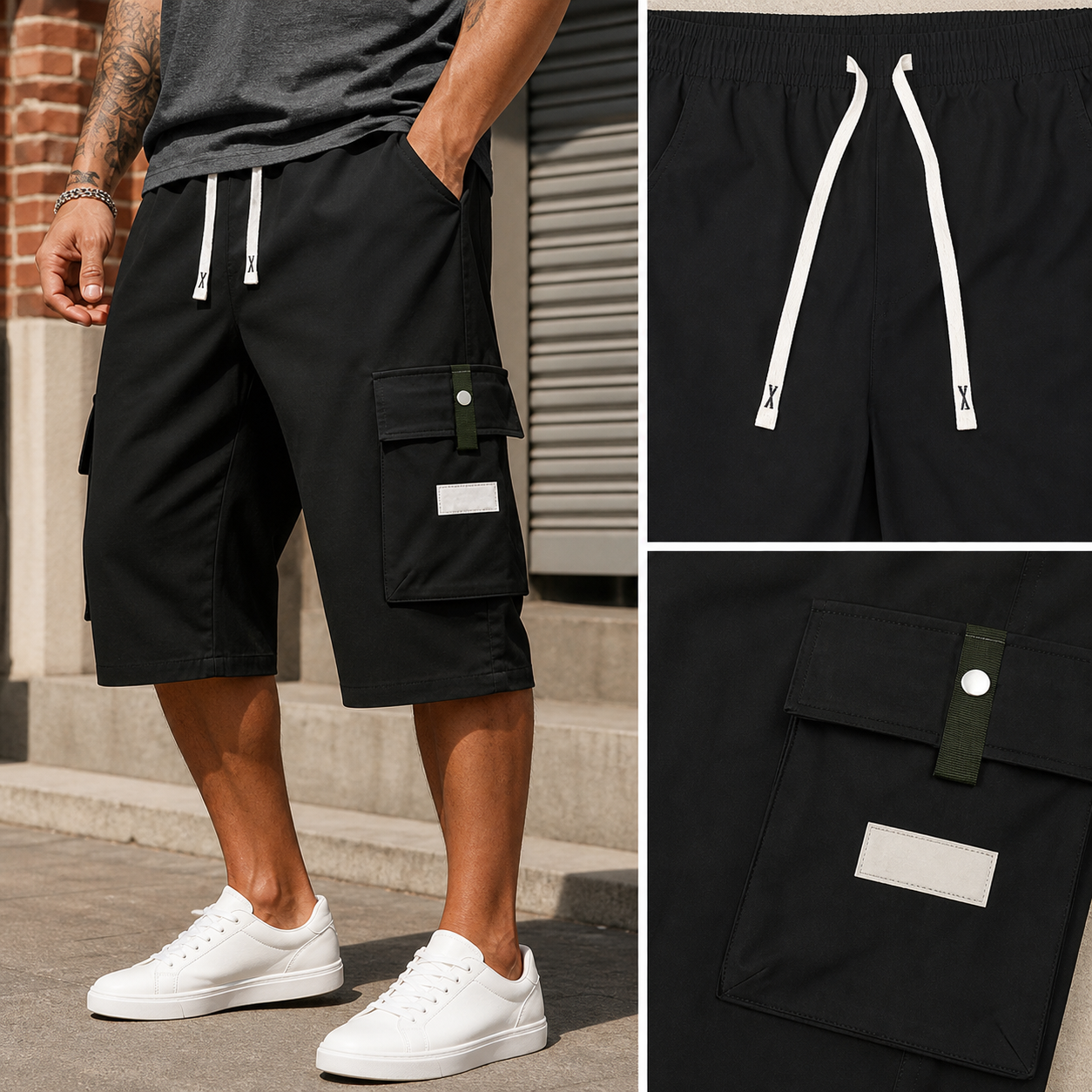 Black cargo shorts with elastic waist, drawcords, and thigh cargo pocket