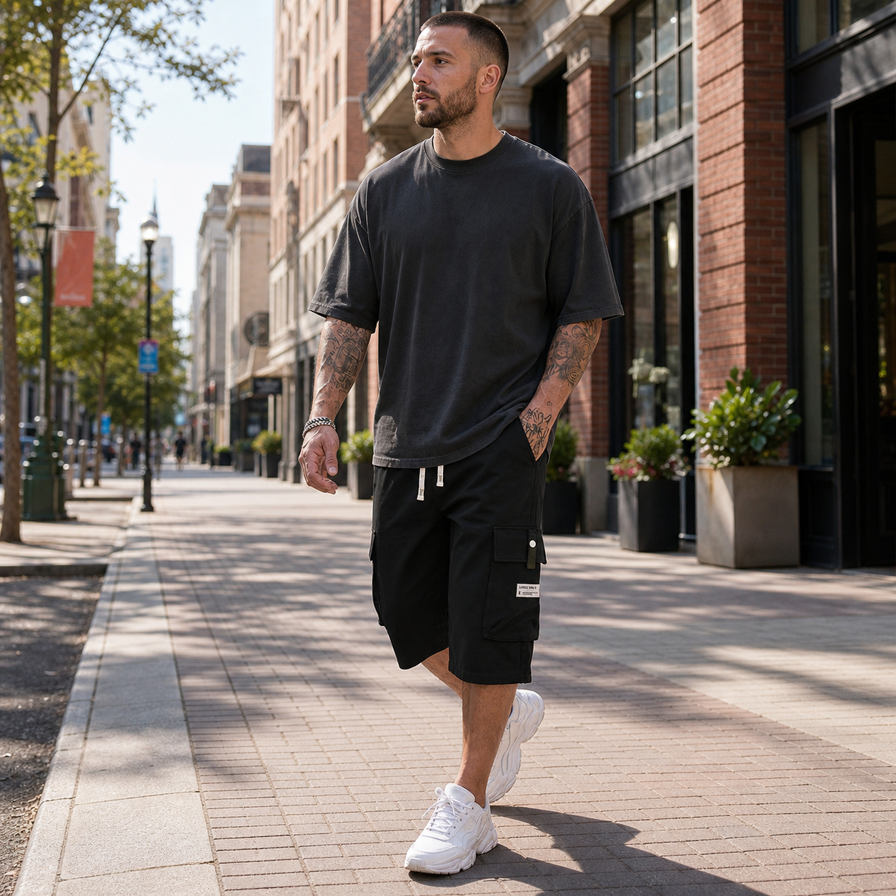 Man wearing black cargo shorts on a U.S. city street